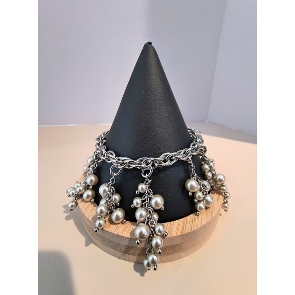 Ann Taylor Silver Tone Toggle Bracelet with Pearl Clustered Dangles NWT